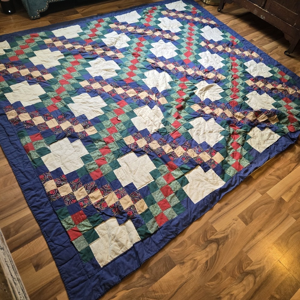 Vintage Quilt -Red Blue Double Irish Chain Pattern - Full/Queen Size 94×80
